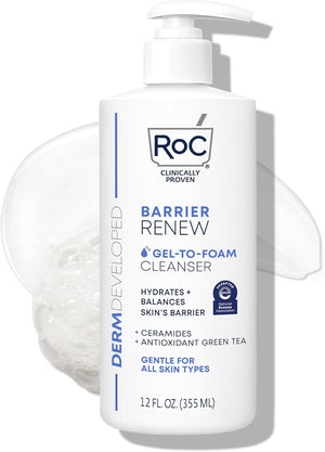 RoC Barrier Renew Gel to Foam Non Drying Facial Cleanser to Hydrate Skin, 12 Ounces