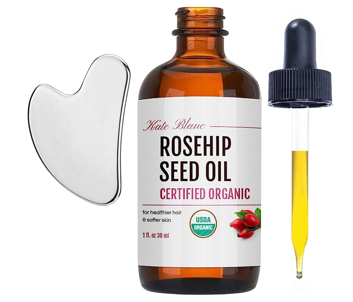 Kate Blanc Cosmetics Rosehip Oil for Face & Skin (1oz, Organic, Pure, Cold Pressed) Rosehip Seed Face Oil for Facial & Gua Sha Massage
