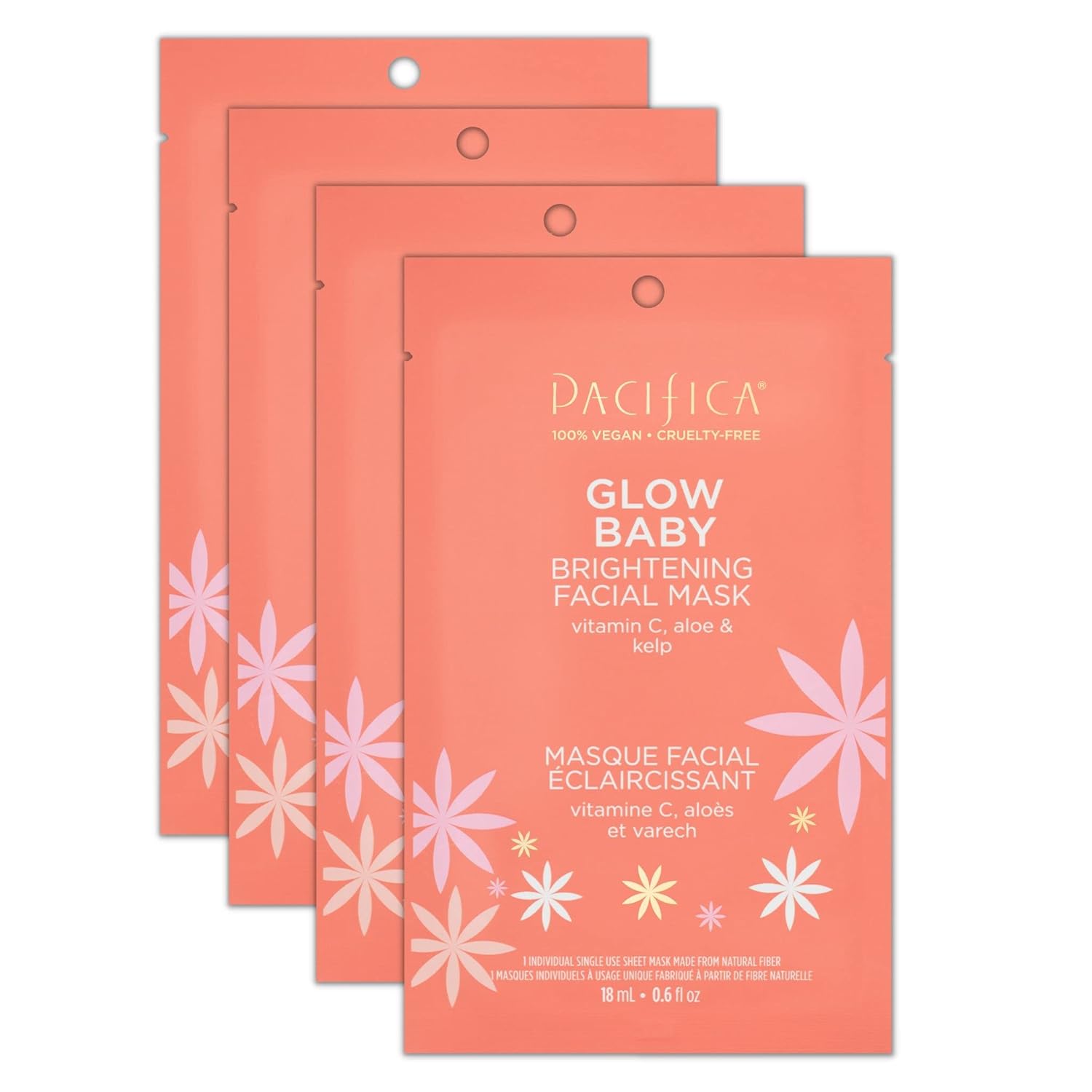 Pacifica Sheet Face Mask - Glow Baby Brightening Facial Mask w/Vitamin C, Aloe & Kelp – Cooling Mask for Dark Spots & Fine Lines - Clean Beauty Vegan & Cruelty-Free Dermatologist Tested