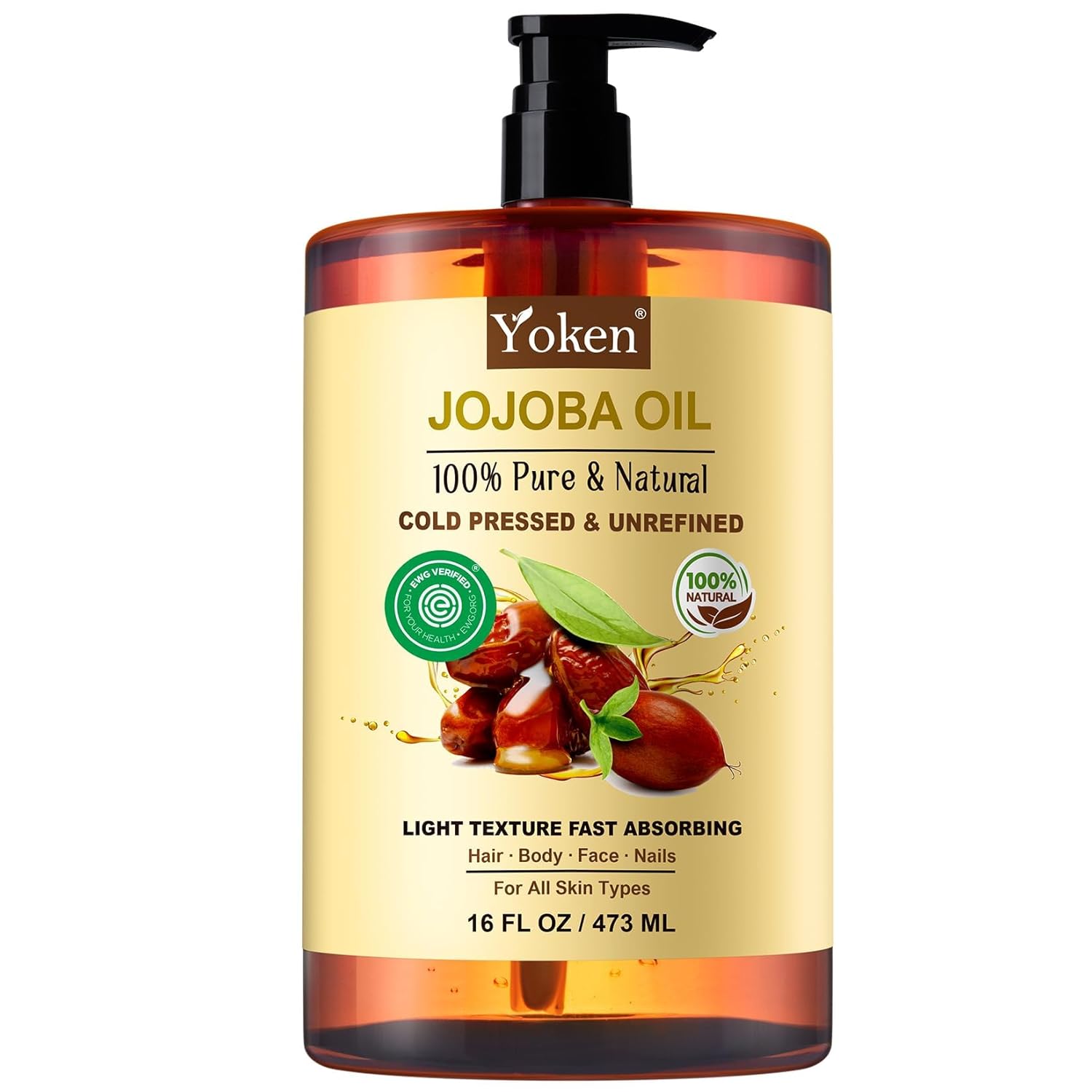 Pure Jojoba Oil EWG Verified 16 fl oz, 100% Natural Jojoba Oil for Hair, Skin & Face, Cold Pressed Unrefined, Deeply Moisturizing Body oil Carrier Oils for Essential Oils Mixing