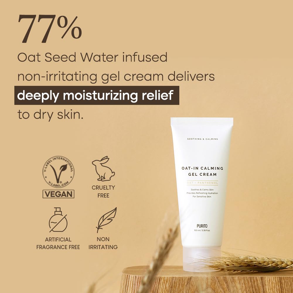PURITO Oat In Calming Gel Cream, Oat Seed Water for Hydration & Soothing, Lightweight, Non-Sticky Moisturizer for Sensitive Skin, Non-Comedogenic, Fragrance-Free, Korean Skincare, 50 ml 1.69 fl.oz