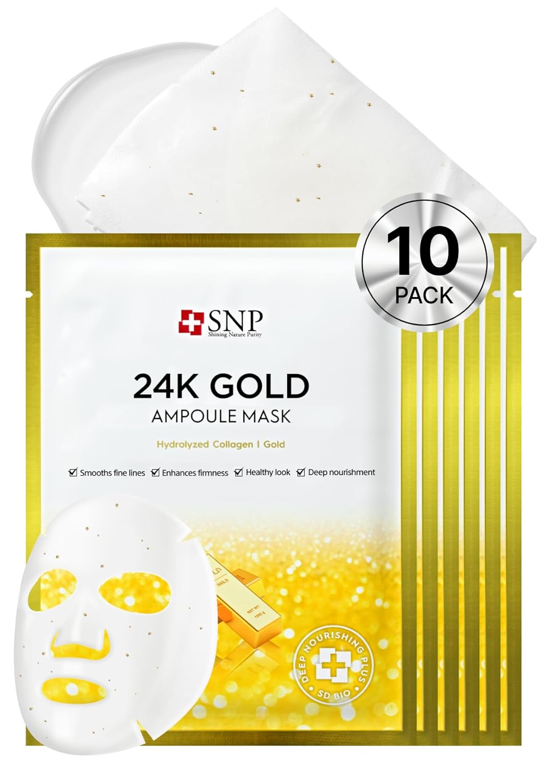 Best Korean Collagen Face Mask | 24K Gold Ampoule Sheet Mask | Hydrating Face Masks | For Tightening & Nourishing | Korean Skin Care | Overnight Face Masks | Moisturizing Sheet Mask | Snp | 10 Sheets