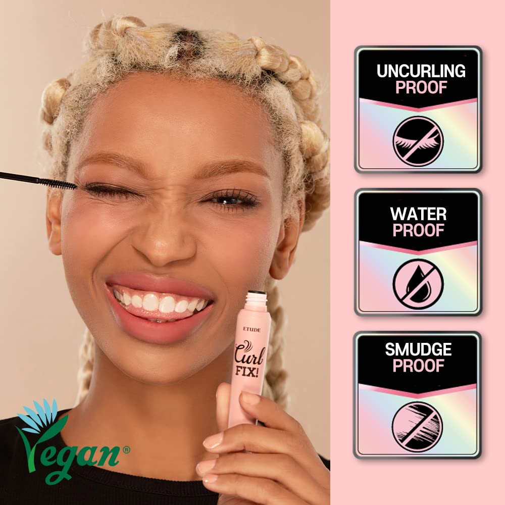 ETUDE Curl Fix Mascara #1 Black | A curl fix mascara that keeps fine eyelashes powerfully curled up for 24 hours by ETUDE's own Curl 24H Technology, Korean Makeup, Kbeauty, Perfect for Gift