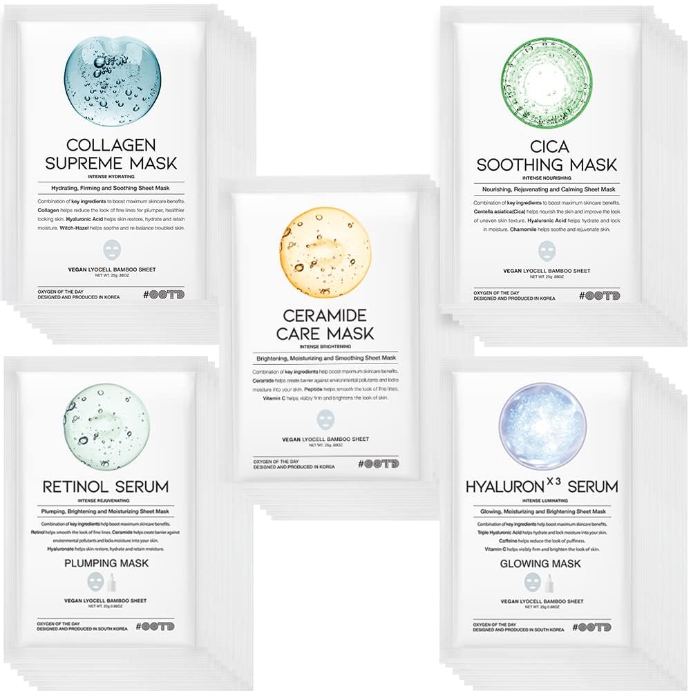 Hydrating Soothing Sheet Masks Gift Set for Skincare, Korean Vegan Sheet Mask for Dry, Sensitive Skin, Calming, Smoothing, Brightening, Collagen, Ceramide, Cica, Hyaluronic Acid 30EA