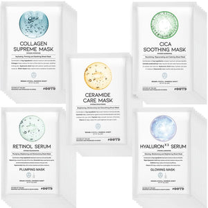 Hydrating Soothing Sheet Masks Gift Set for Skincare, Korean Vegan Sheet Mask for Dry, Sensitive Skin, Calming, Smoothing, Brightening, Collagen, Ceramide, Cica, Hyaluronic Acid 30EA