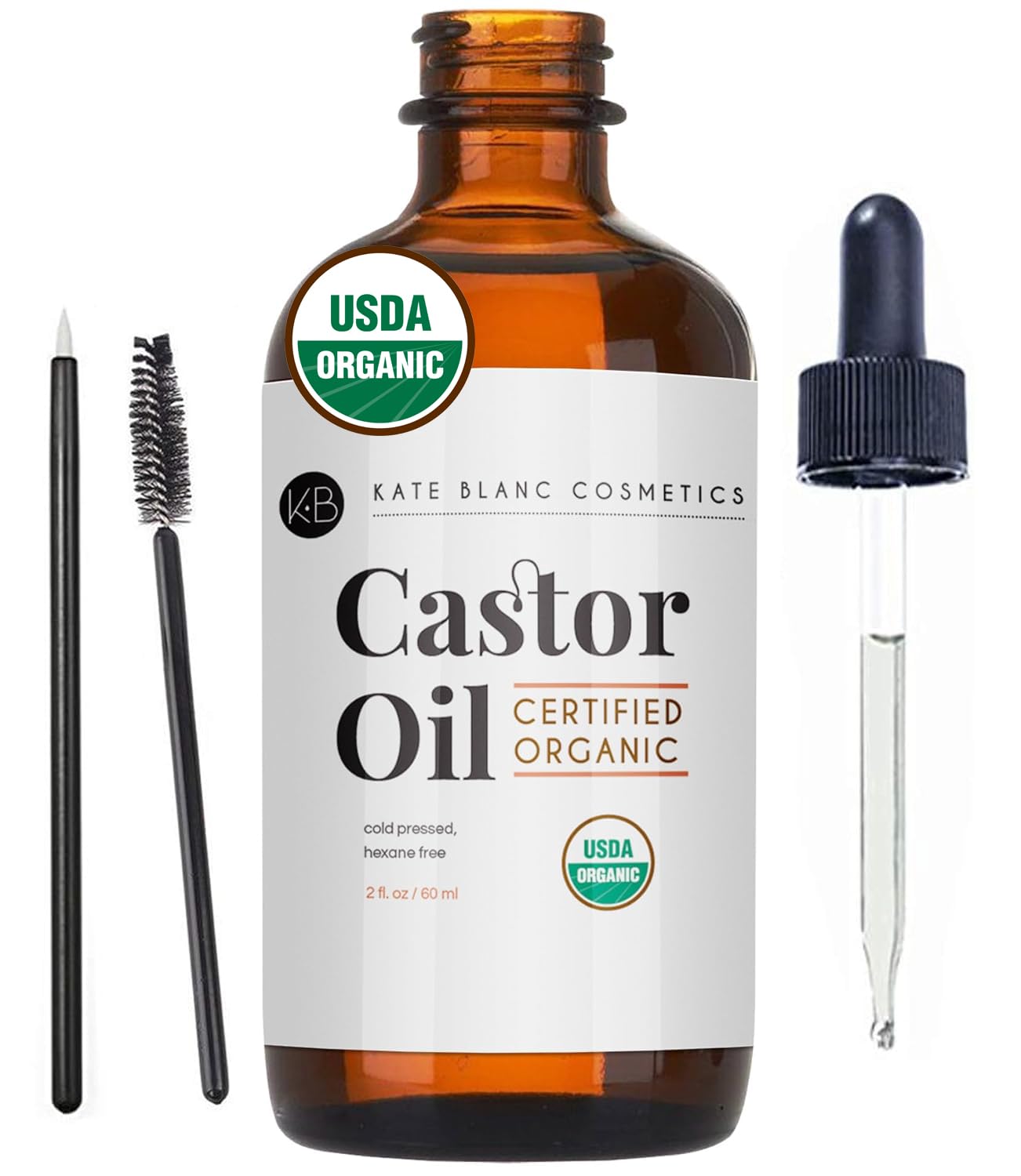 Kate Blanc Cosmetics Castor Oil Organic (2oz), 100% Pure, Cold Pressed, Hexane Free. Natural Oil for Hair, Eyelashes, Eyebrows. Skin Moisturizer with Starter Kit