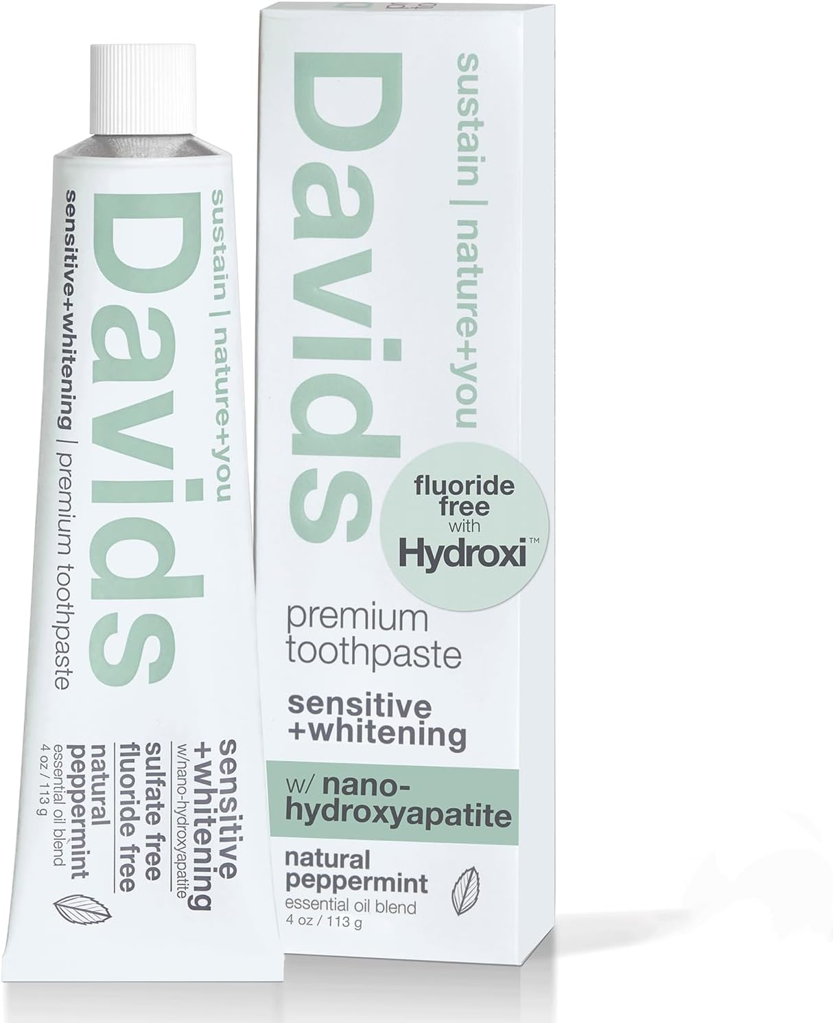 Davids Hydroxi Fluoride Free Nano Hydroxyapatite Toothpaste for Remineralizing Enamel & Sensitive Relief, Whitening, Antiplaque, SLS Free, Natural Peppermint, 4 oz, Made in USA
