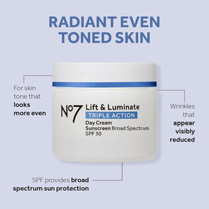 No7 Lift & Luminate Triple Action Day Cream - Anti-Aging Face Cream SPF 30, Hyaluronic Acid & Vitamin C - Visibly Firms Skin for Healthy Looking Radiance - Suitable for Sensitive Skin (1.69 Fl Oz)