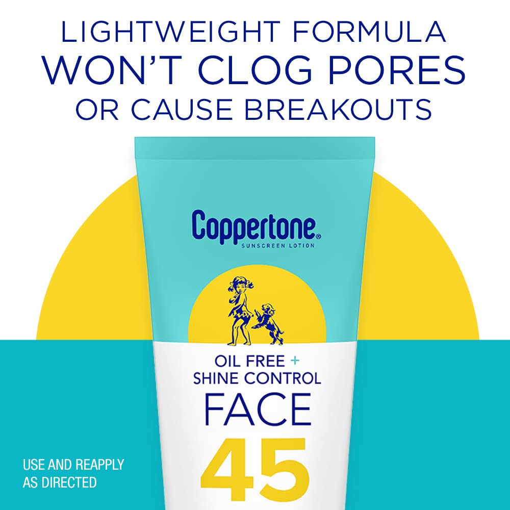 Coppertone Oil Free + Shine Control Sunscreen Face Lotion SPF 45, Lightweight Sunscreen for All Skin Tones, Won't Clog Pores, Fragrance Free, 2.5 Fl Oz Tube