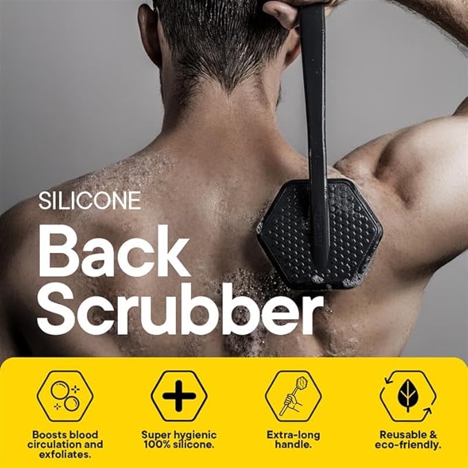 TOOLETRIES Silicone Back Scrubber with Hook - Exfoliating Shower Brush, Back Washer for Men, Durable Back Brush with Long Handle - Long Lasting Bath & Shower Accessories - Charcoal