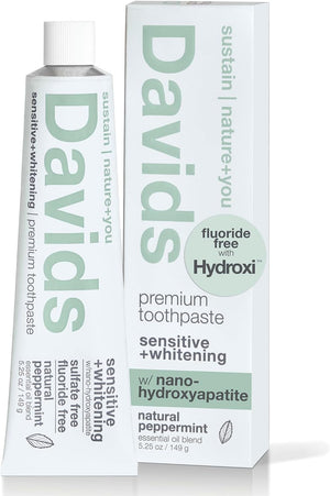Davids Hydroxi Fluoride Free Nano Hydroxyapatite Toothpaste for Remineralizing Enamel & Sensitive Relief, Whitening, Antiplaque, SLS Free, Natural Peppermint, 4 oz, Made in USA