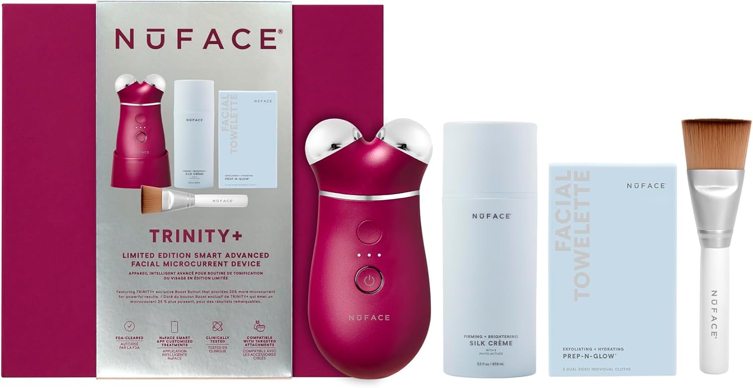 NuFACE TRINITY+ Microcurrent Facial Device Kit - FDA Cleared Face Sculpting & Neck Tightening Device to Contour Cheeks & Brows + Microcurrent Gel Activator & Silk Creme - Sandy Rose