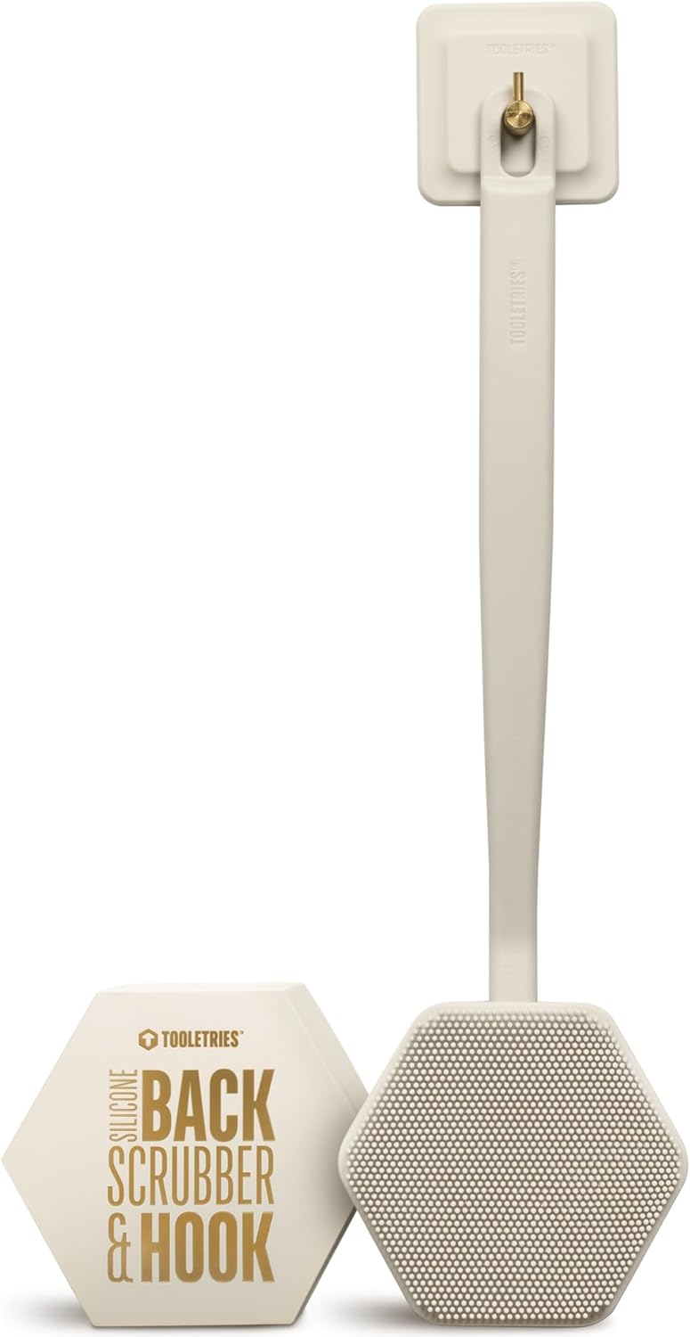 TOOLETRIES Silicone Back Scrubber with Hook - Exfoliating Shower Brush, Back Washer for Men, Durable Back Brush with Long Handle - Long Lasting Bath & Shower Accessories - Charcoal