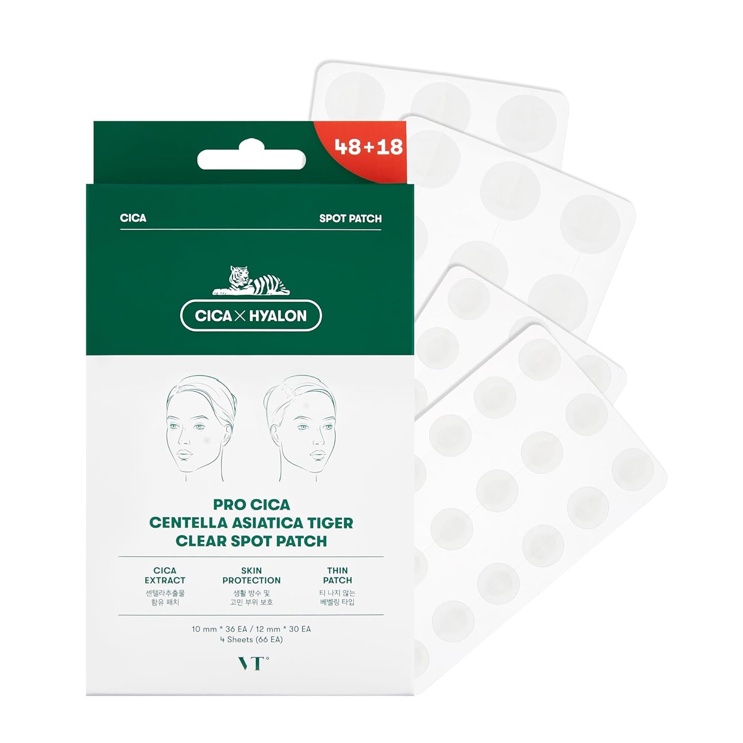VT COSMETICS Pro CICA Centella Spot Patch, Hydrocolloid Invisible Thin Clear Spot Cover for Blemish & Sensitive Skin, Calming Care, Waterproof, 2 Sizes, Korean Skincare (66 Count)