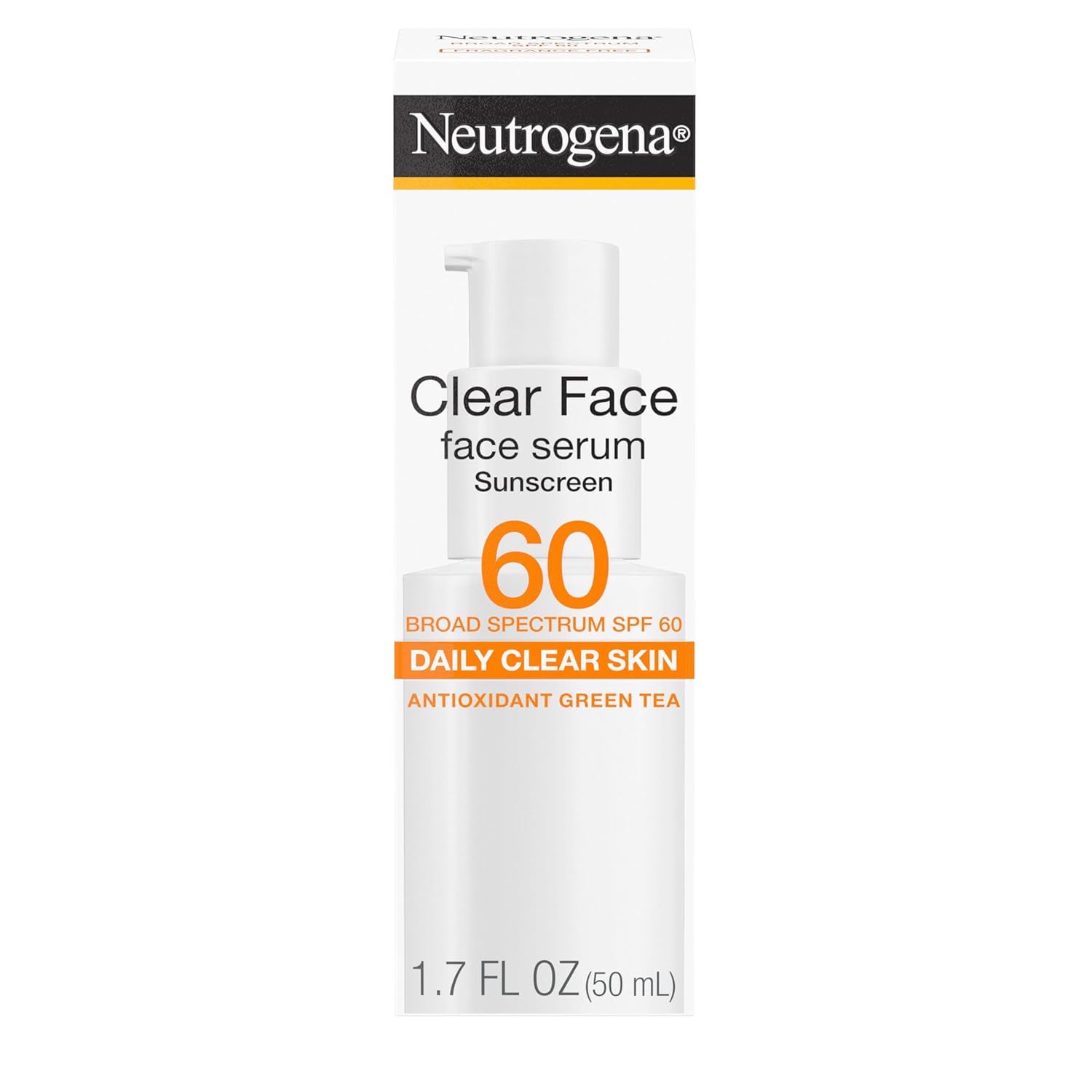 Neutrogena Clear Face Serum Sunscreen with Green Tea, Broad Spectrum SPF 60, Non-Comedogenic Face Sunscreen for Lightweight UVA/UVB Protection, Oxybenzone- & Fragrance-Free, 1.7 fl. oz