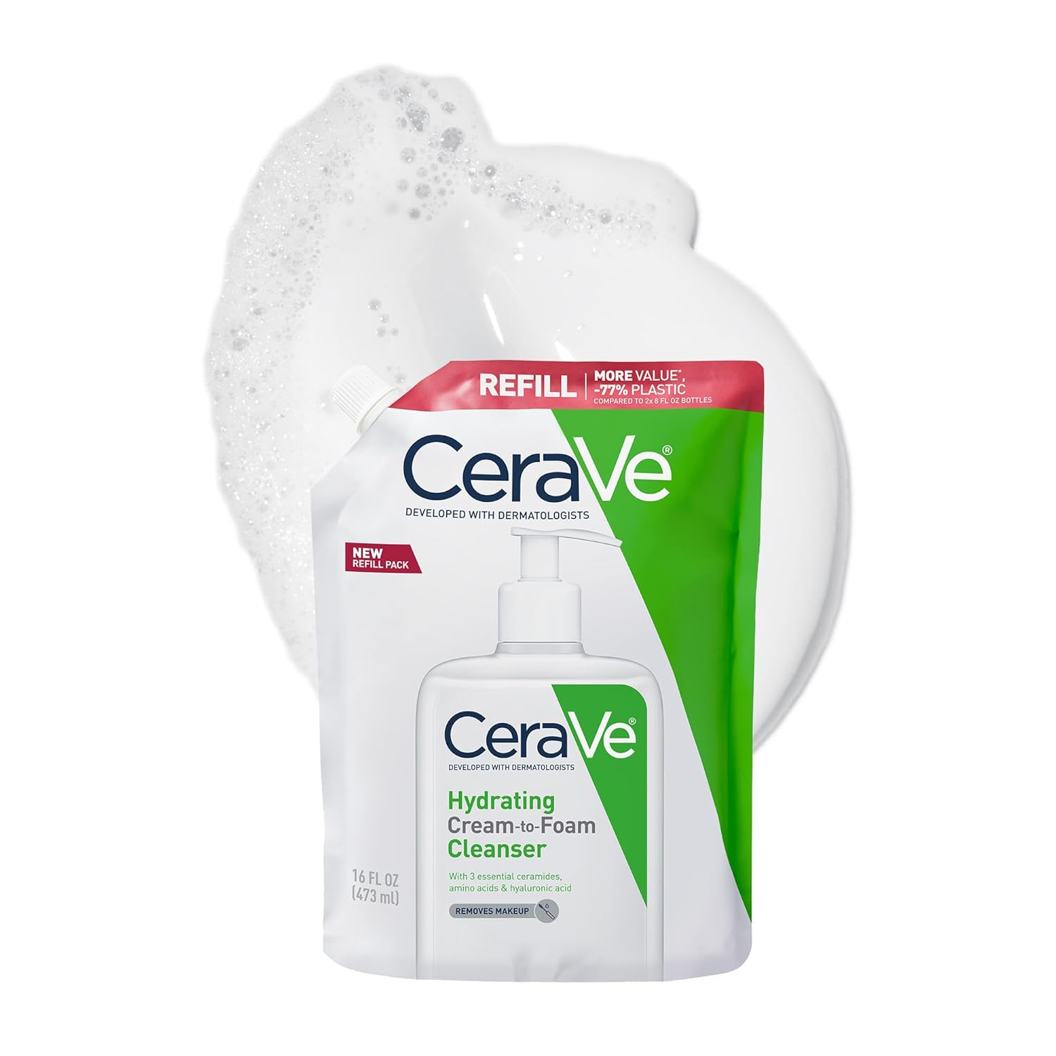 CeraVe Hydrating Cream To Foam Cleanser, Makeup Remover Face Wash For Dry Skin, Foaming Facial Cleanser With Hyaluronic Acid, Normal To Dry Skin, Fragrance Free & Non Comedogenic, 19 Fluid Ounce