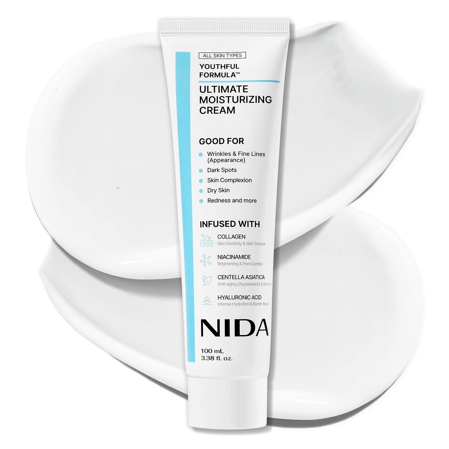 NIDA Youthful Formula™ Ultimate Moisturizing Cream | Centella Asiatica, Niacinamide, Hyaluronic Acid, Collagen | Wrinkles, Fine Lines, Dark Spots, Dry Skin, Redness | 3.38 fl. oz., 100ml