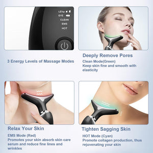 Face and Neck Massager, Triple-Action Wrinkle Remover with Red Light Therapy for Skin Care, Cleansing, Rejuvenating, and Smoothing (Black)