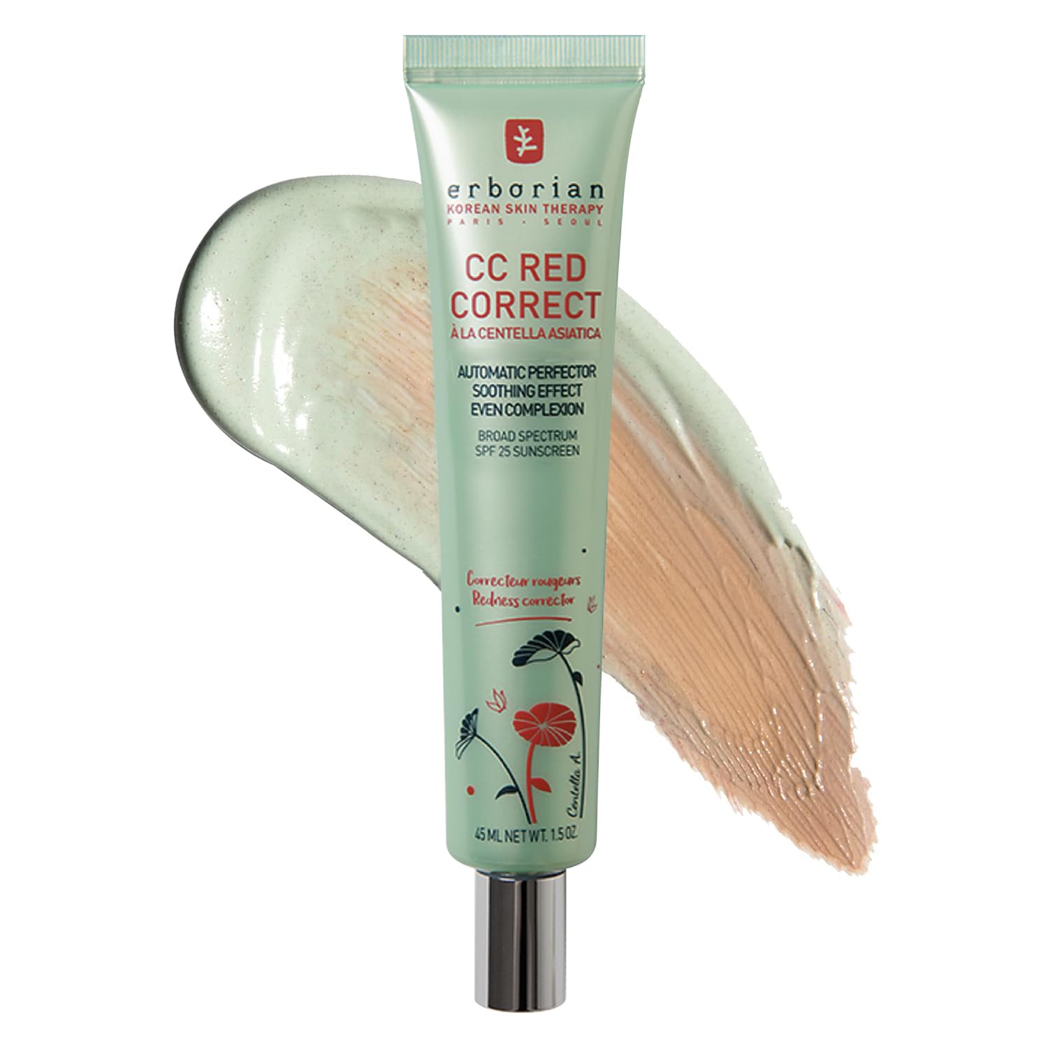 Erborian CC Red Correct - Skincare-First Green Color Corrector with Centella Asiatica, Illuminating Color Corrector with Redness Coverage & SPF 25 - Cica, Korean Skincare