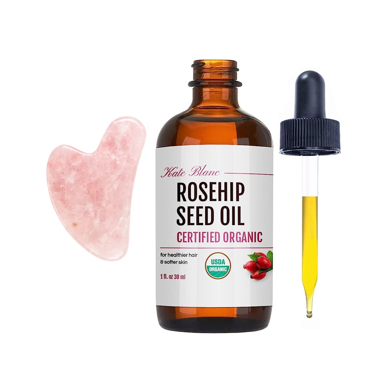 Kate Blanc Cosmetics Rosehip Oil for Face & Skin (1oz, Organic, Pure, Cold Pressed) Rosehip Seed Face Oil for Facial & Gua Sha Massage