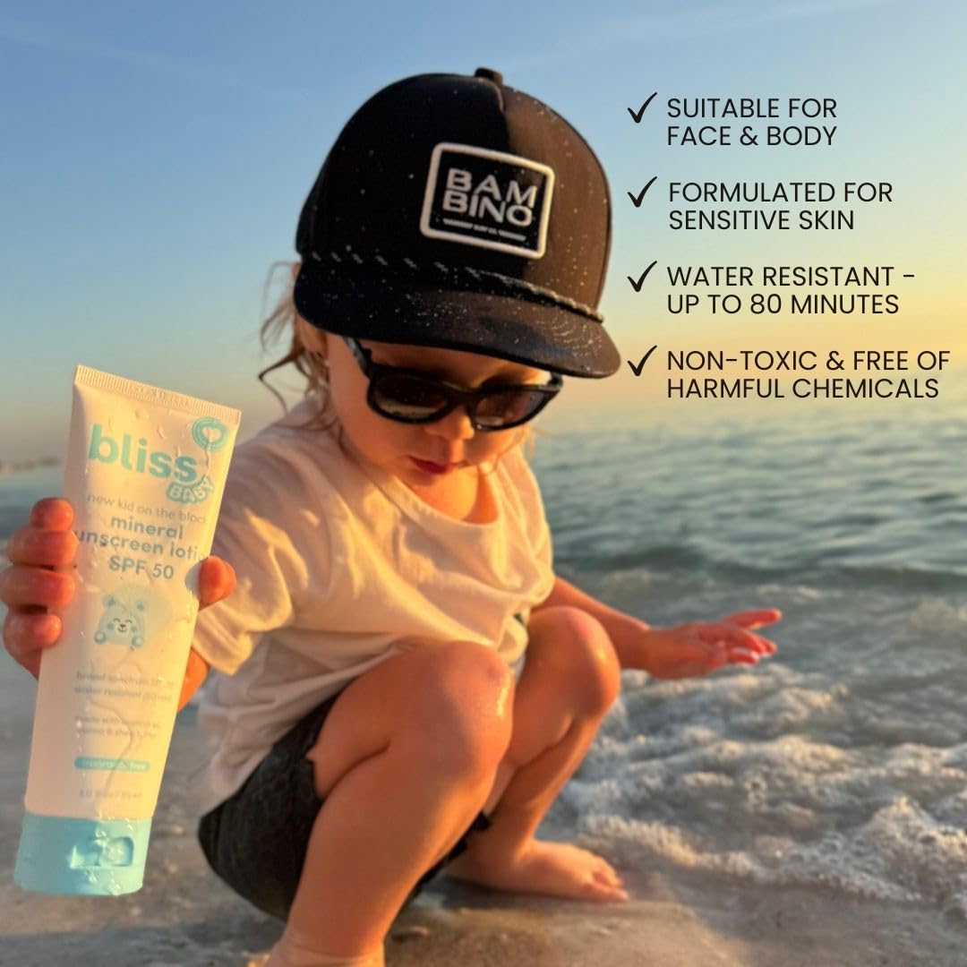 Bliss Baby Sunscreen, Premium SPF 50 Mineral Lotion, Natural Zinc Oxide, Fragrance-Free, Hypoallergenic & Dermatologist Tested, Water-Resistant, Vegan, Sensitive Skin - For Babies, Kids & Whole Family