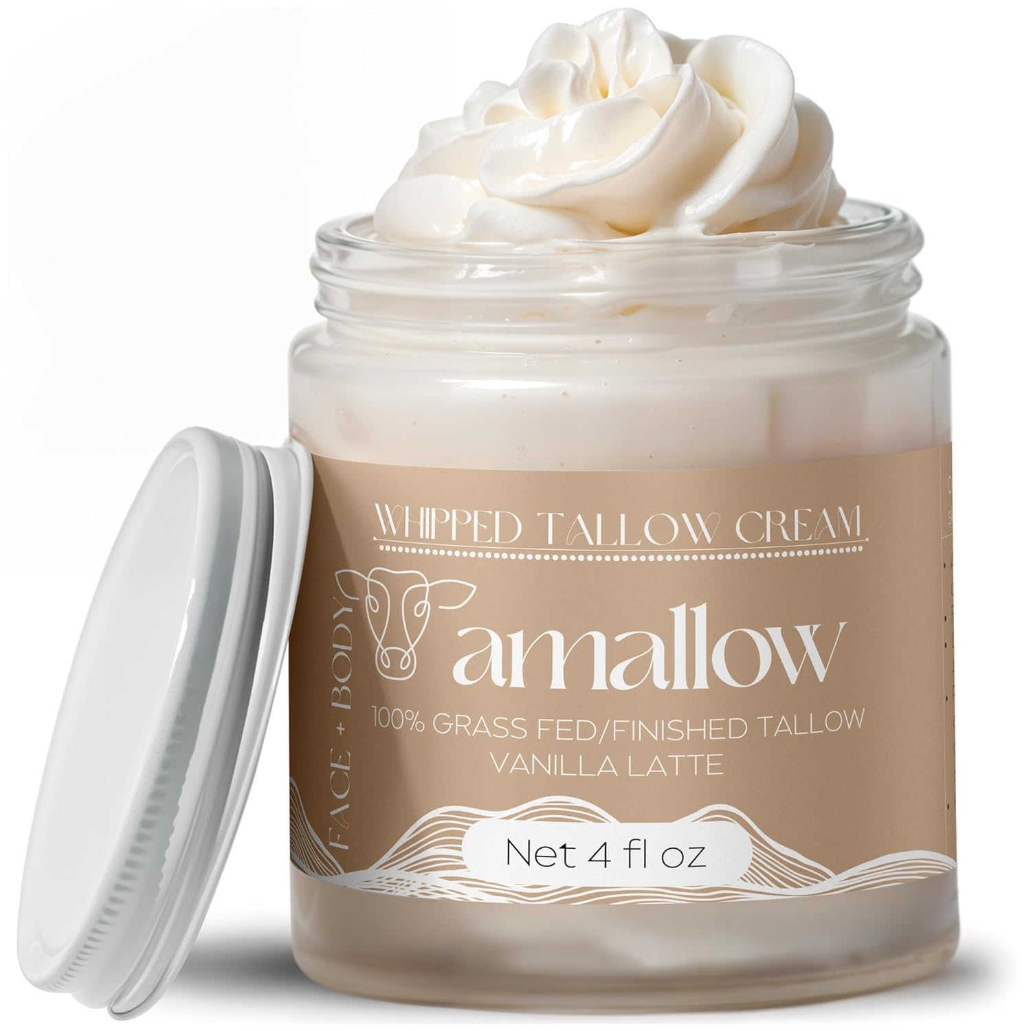 100% Grass Fed Beef Tallow for Skin Care - Face + Body - Whipped Moisturizer for Sensitive Skin - Natural Lotion, 4 FL. oz. (Unscented)