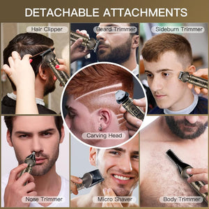 Beard Trimmer Kit Professional Hair Clipper Zero Gapped T-Blade Electric Shaver Razor Nose Body Trimmer for Men Cordless Grooming Kit 7 in 1