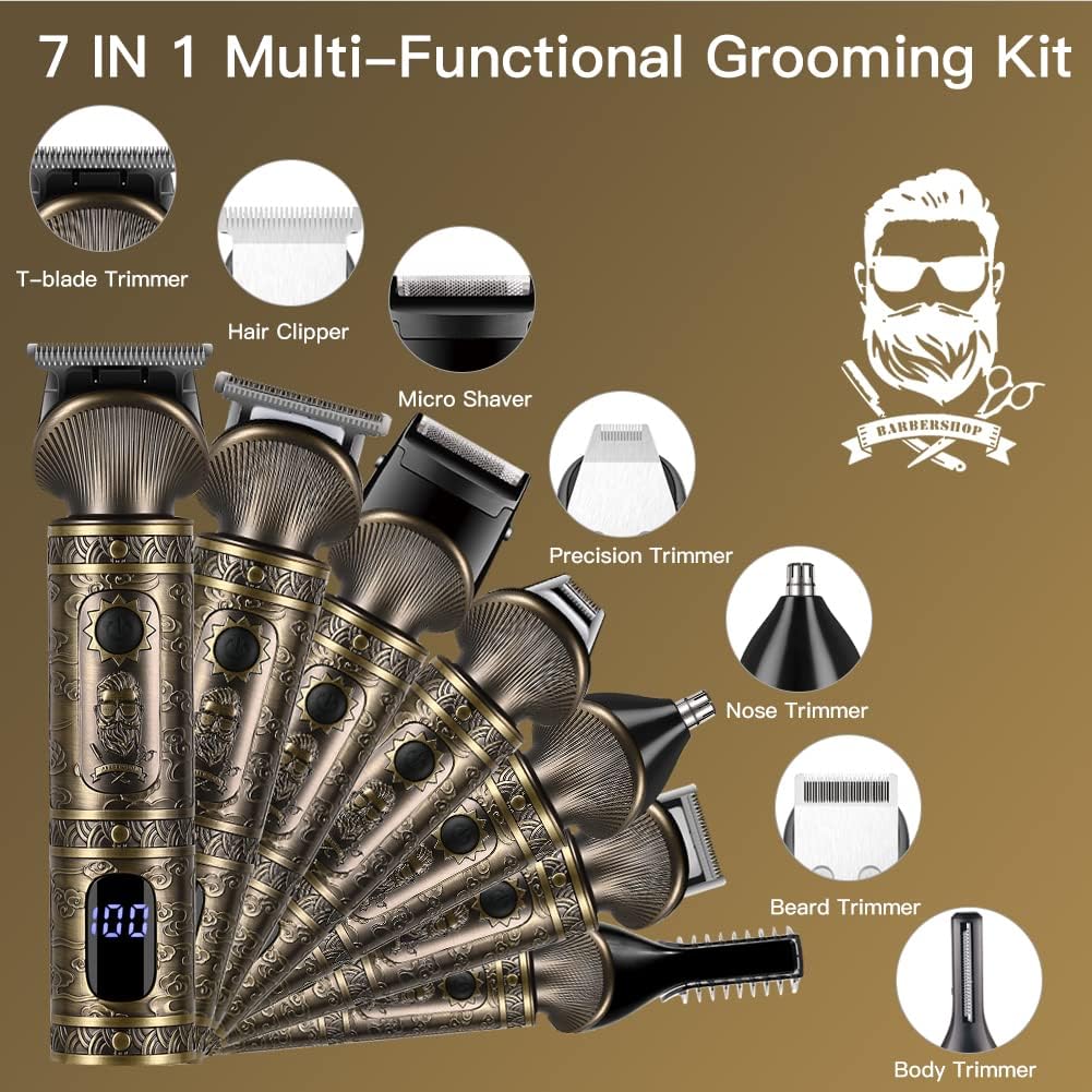 Beard Trimmer Kit Professional Hair Clipper Zero Gapped T-Blade Electric Shaver Razor Nose Body Trimmer for Men Cordless Grooming Kit 7 in 1