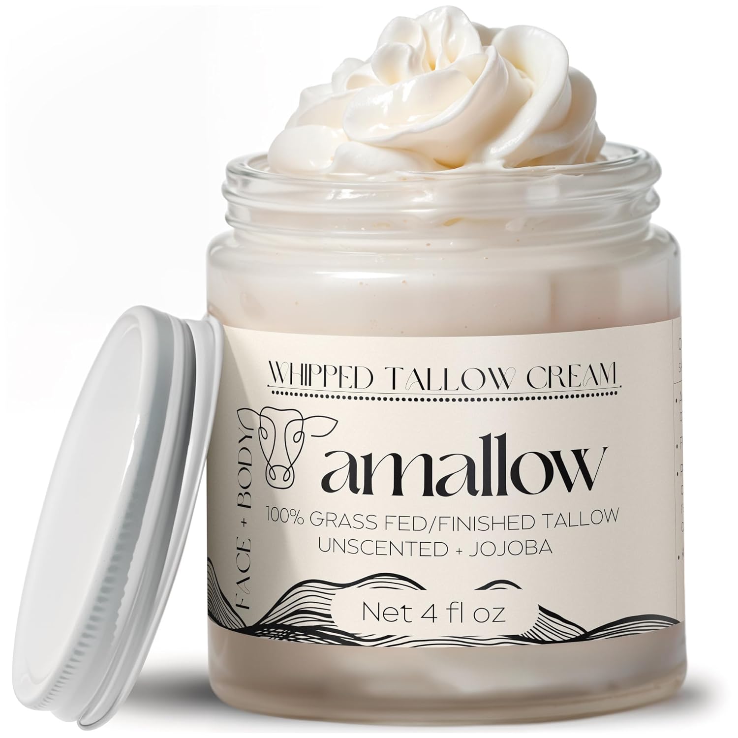 100% Grass Fed Beef Tallow for Skin Care - Face + Body - Whipped Moisturizer for Sensitive Skin - Natural Lotion, 4 FL. oz. (Unscented)
