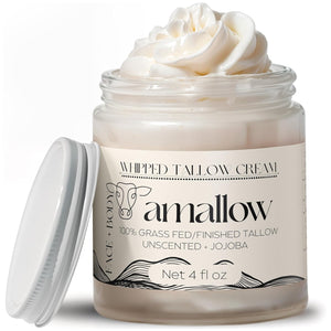 100% Grass Fed Beef Tallow for Skin Care - Face + Body - Whipped Moisturizer for Sensitive Skin - Natural Lotion, 4 FL. oz. (Unscented)