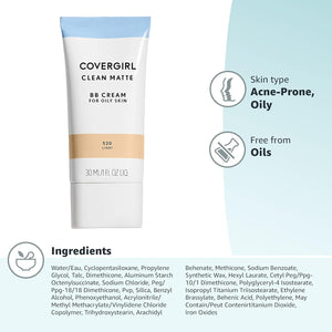 COVERGIRL - Clean Matte BB Cream, Oil-Free, Long-Lasting, Sensitive Skin, Lightweight, 100% Cruelty-Free