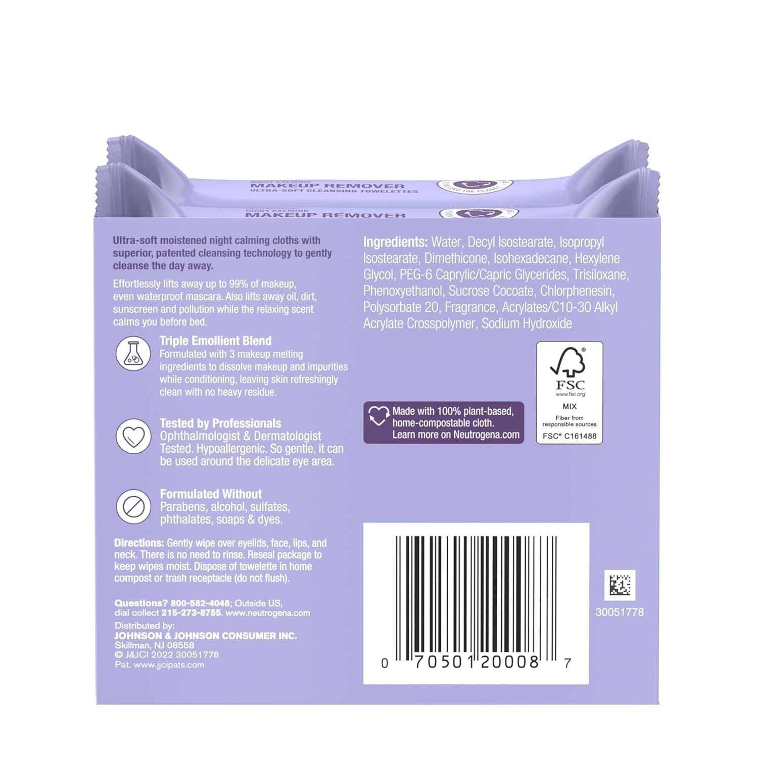 Neutrogena Night Calming Makeup Remover Face Wipes, Nighttime Cleansing Towelettes Remove Sweat, Dirt & Makeup & Calms Skin, Hypoallergenic, 100% Plant Based Cloth, Twin Pack, 2 x 25 ct