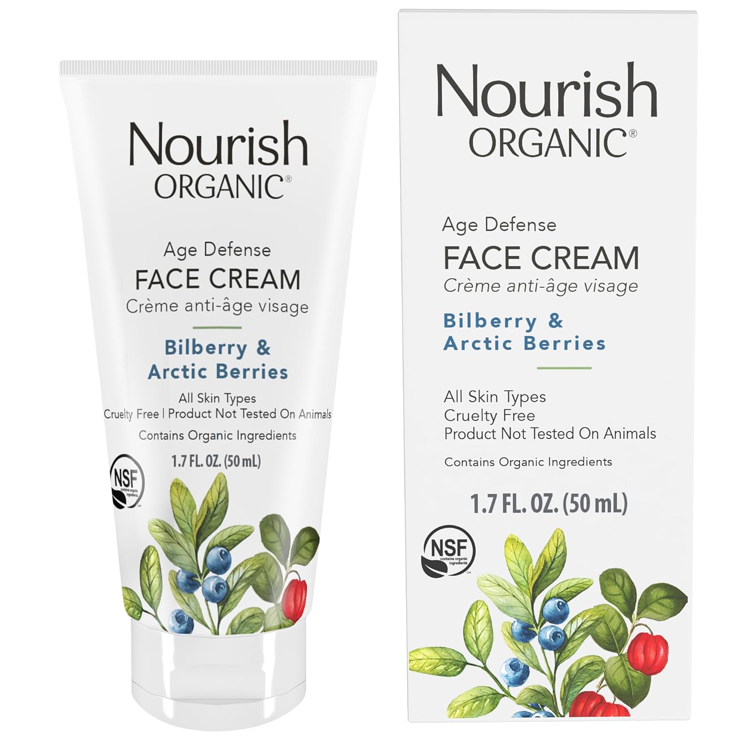 Nourish Organic Face Cream, Bilberry & Arctic Berries – Age Defense Formula with Aloe Vera & Borage Oil, 1.7 Oz + Washable Cotton Round