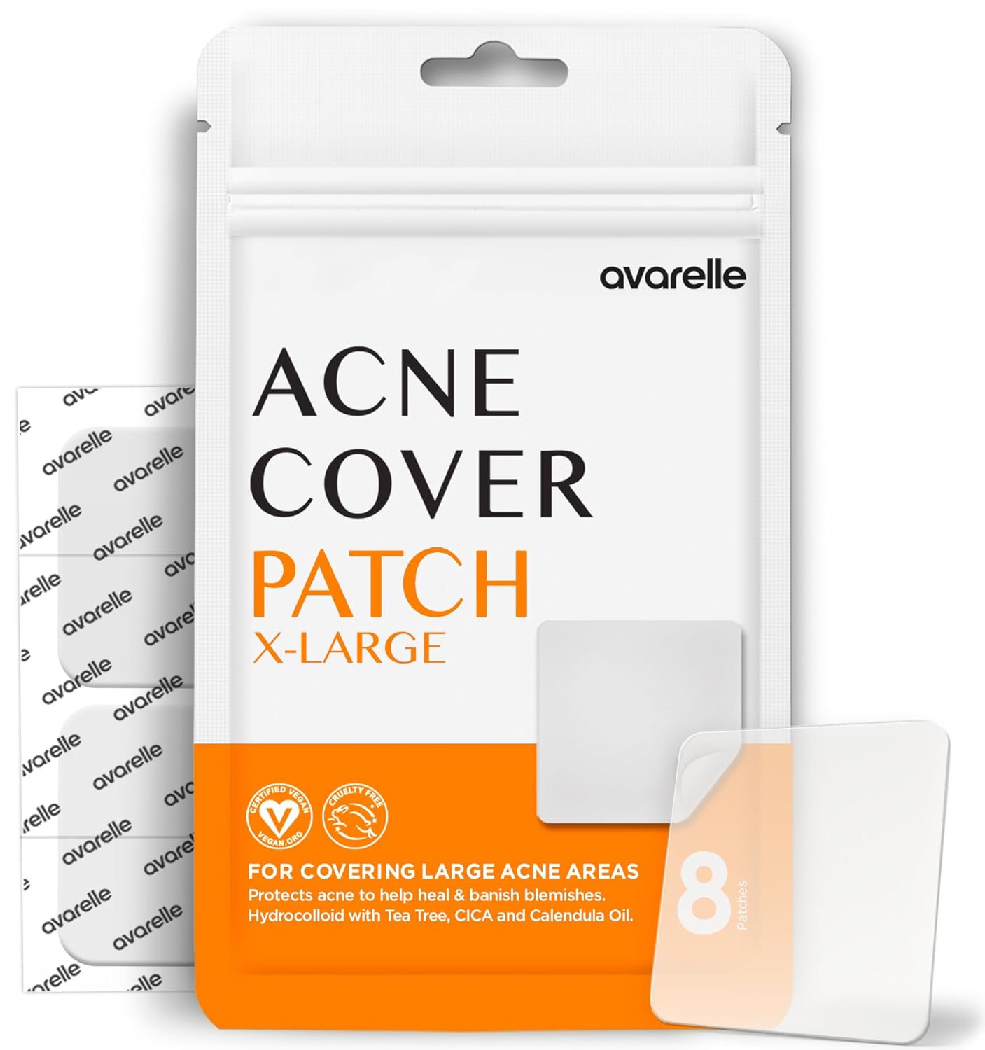 AVARELLE Acne Patches XL, FSA HSA Acne Cover Patch Large | Pimple Patches for Face Cheek & Nose (8 Count) | Large Hydrocolloid Acne Treatment with Tea Tree, Calendula, & Cica