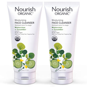 Nourish Organic Moisturizing Face Cleanser for All Skin Types, Watercress + Cucumber Face Wash, Fragrance-Free (6 Oz) + Washable Cotton Round