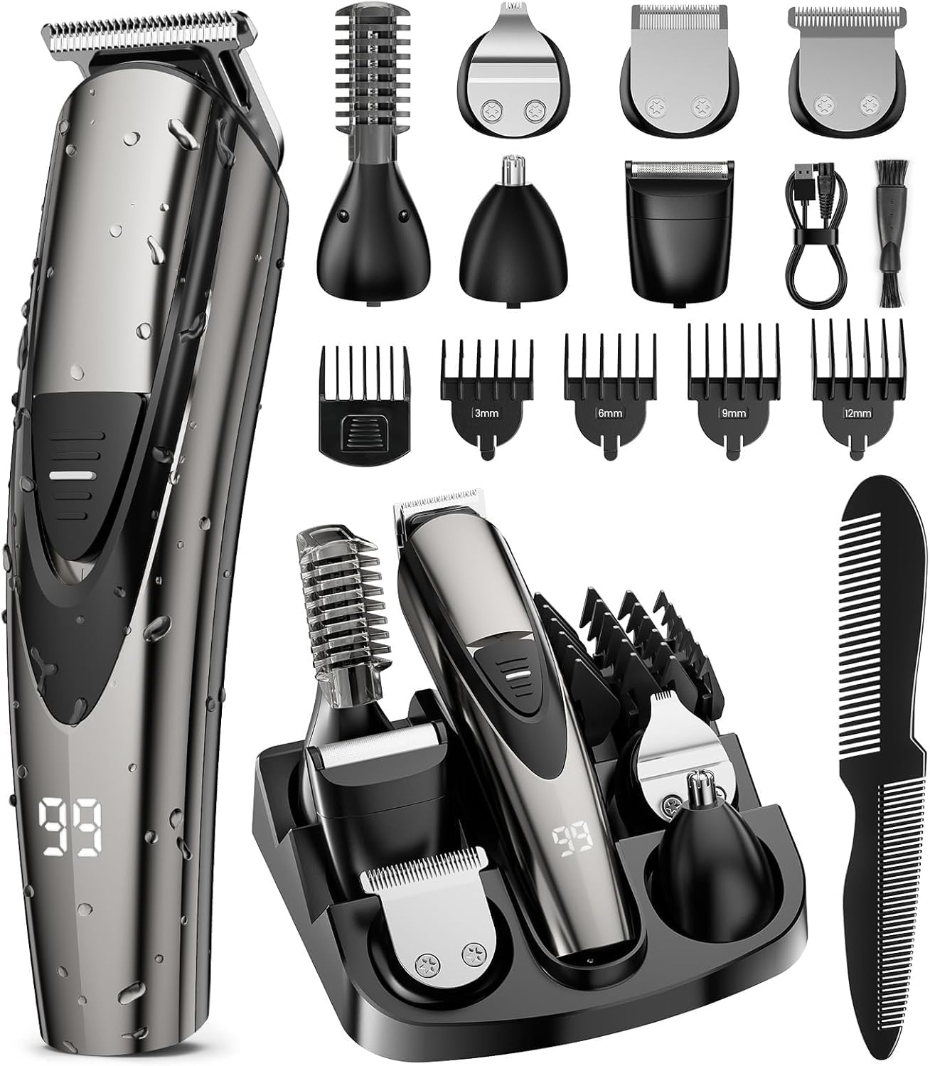 Electric Beard Trimmer for Men: 16-in-1 Professional Barber Hair Clippers - Cordless Grooming Kit - Turbo Speed & Precision Blades