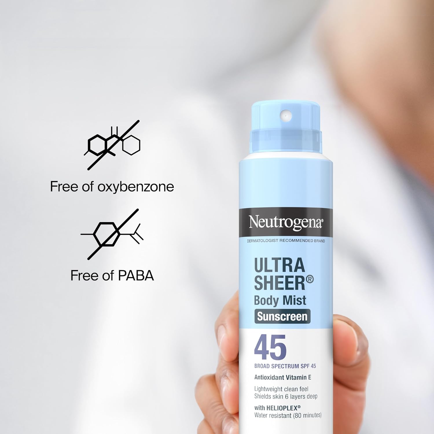 Neutrogena Ultra Sheer Body Mist Sunscreen Spray, Broad Spectrum SPF 45, Lightweight Spray Sunscreen, Non-Greasy & Water Resistant, Oil-Free & Non-Comedogenic UVA/UVB, 5 oz Pack of 3