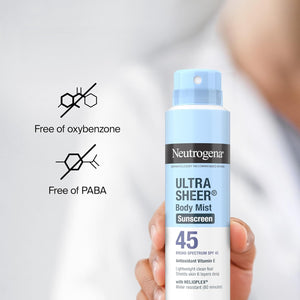 Neutrogena Ultra Sheer Body Mist Sunscreen Spray, Broad Spectrum SPF 45, Lightweight Spray Sunscreen, Non-Greasy & Water Resistant, Oil-Free & Non-Comedogenic UVA/UVB, 5 oz Pack of 3