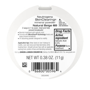 Neutrogena SkinClearing Mineral Acne-Concealing Pressed Powder Compact, Shine-Free & Oil-Absorbing Makeup with Salicylic Acid to Cover, Treat & Prevent Breakouts, Natural Beige 60,.38 oz (Pack of 2)