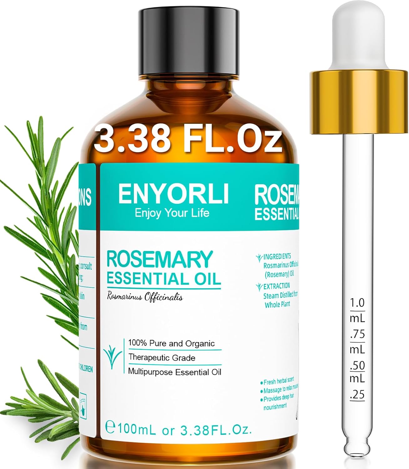 Rosemary Oil 3.38 fl oz Rosemary Essential Oil 100% Pure Undiluted for Hair, Scalp, Skin, Diffusers, Aromatherapy, Massage, Soap and Candle Making