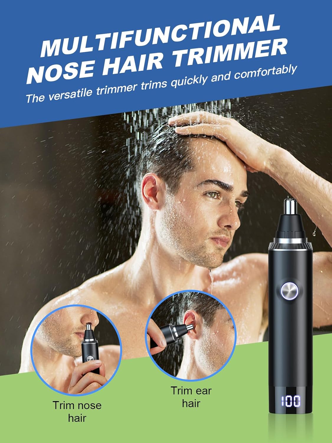 Ear & Nose Hair Trimmer with LED Display for Men Women,Painless USB Rechargeable Eyebrow & Facial & Nose Hair Trimmer Clipper,Professional IPX7 Waterproof Dual Edge Blades 12500 RPM (Black)