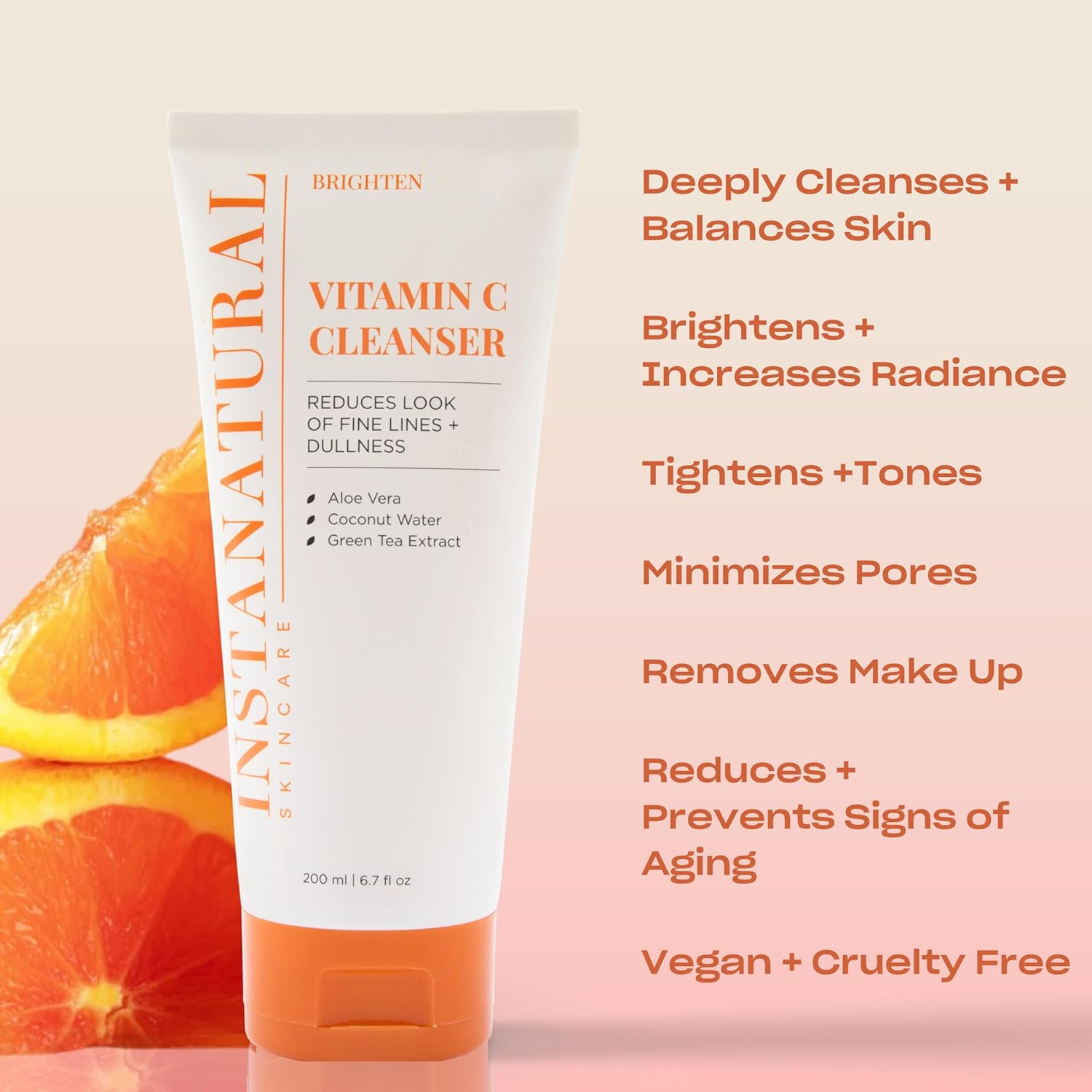 InstaNatural Vitamin C Cleanser Face Wash, Brightens and Reduces Signs of Aging, Fine Lines and Uneven Texture, with Coconut Water and Aloe Vera, 6.7 FL Oz