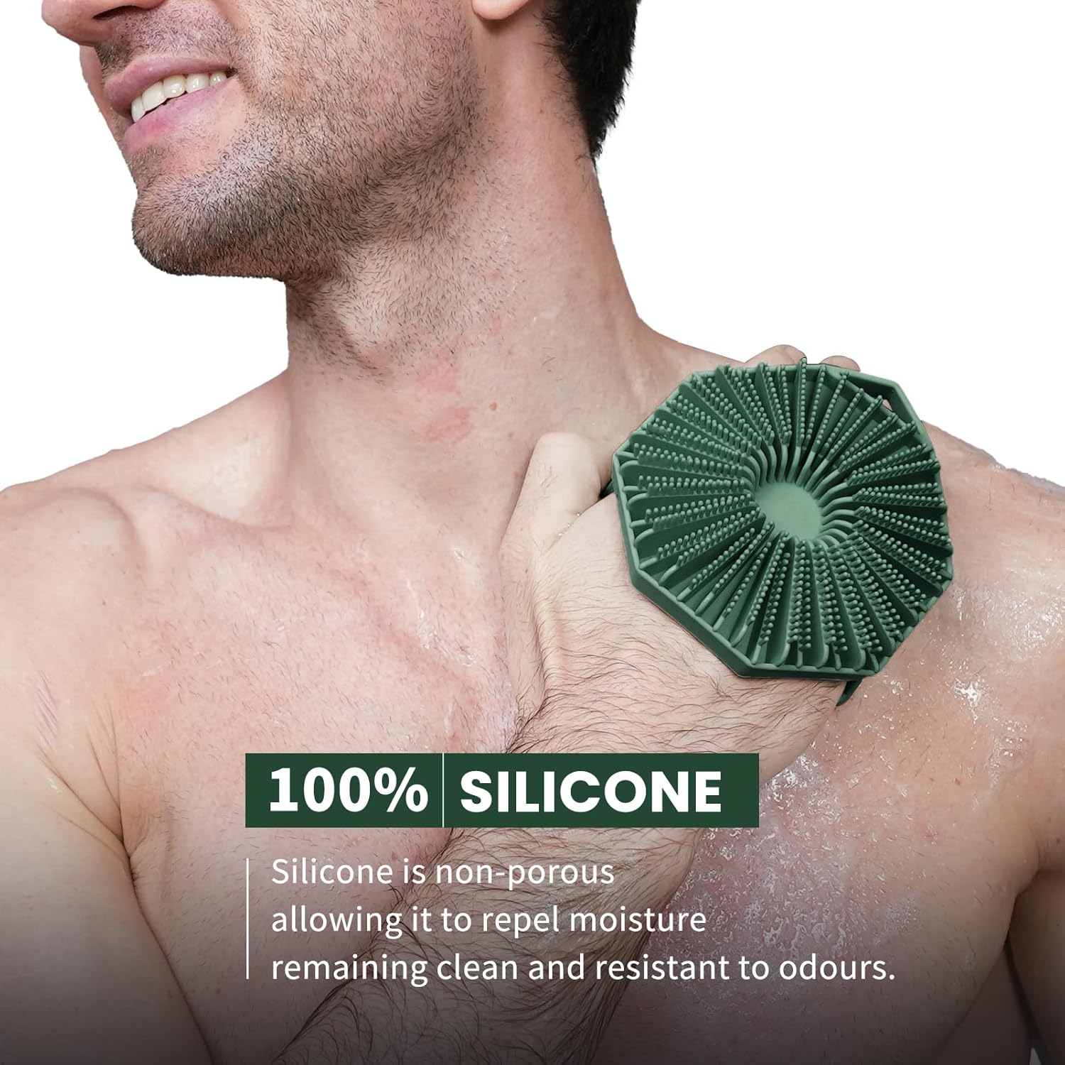 iTokGok® Premium 2-in-1 Silver-Infused Silicone Body Scrubber for Men, Double-Sided Design Body Brush Silicone Body Scrubber Exfoliating Body Brushes for All Skin, Lathers Well - Midnight Green