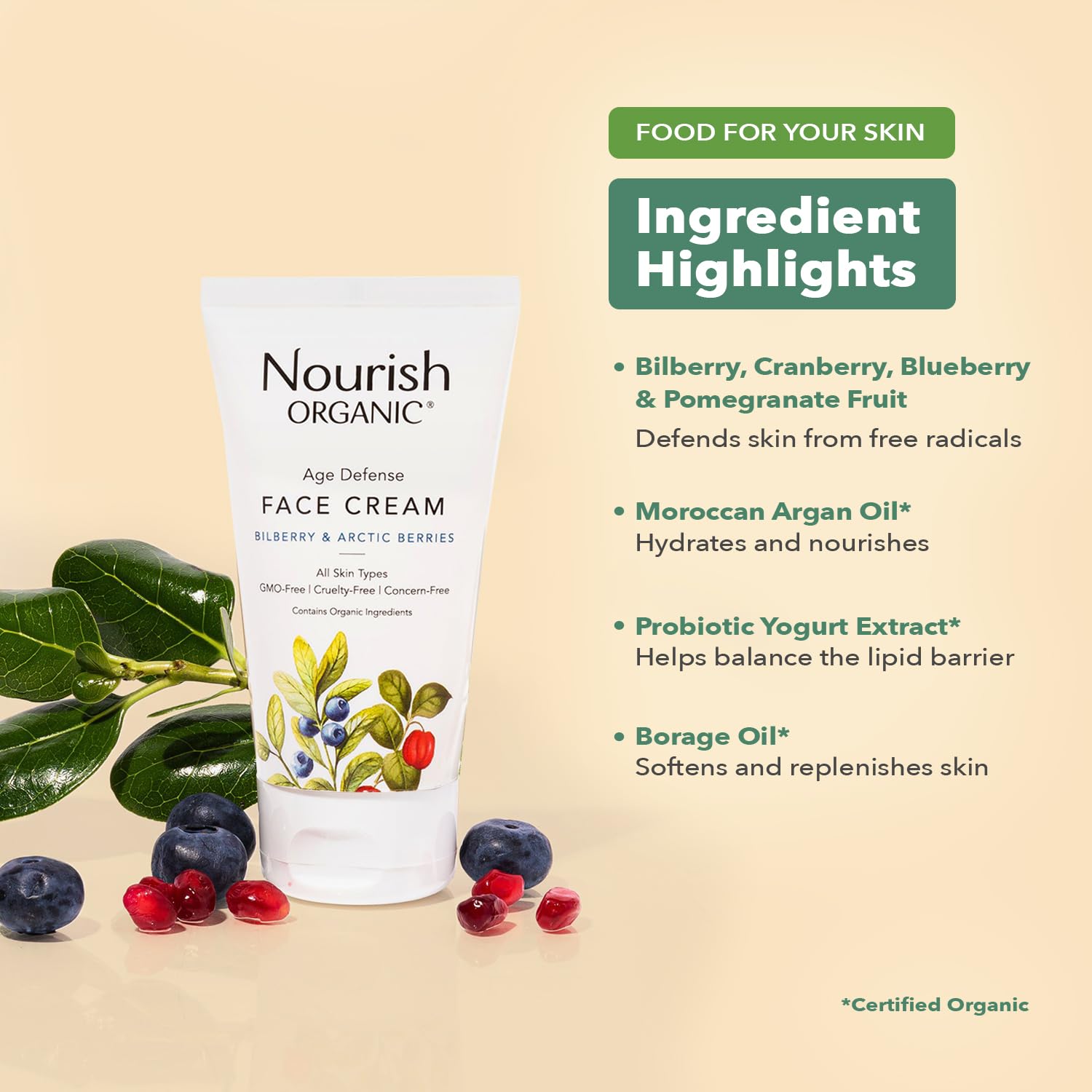 Nourish Organic Face Cream, Bilberry & Arctic Berries – Age Defense Formula with Aloe Vera & Borage Oil, 1.7 Oz + Washable Cotton Round