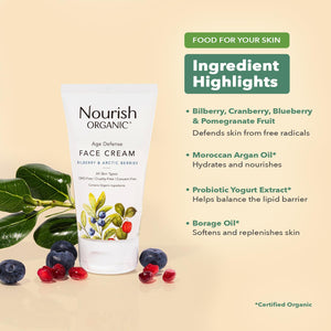 Nourish Organic Face Cream, Bilberry & Arctic Berries – Age Defense Formula with Aloe Vera & Borage Oil, 1.7 Oz + Washable Cotton Round
