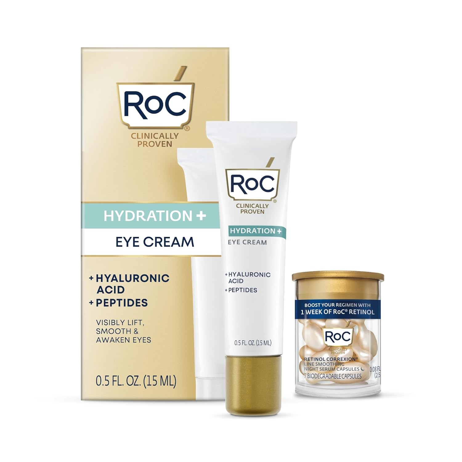 RoC Skincare Set – Hydrating Under Eye Cream with Hyaluronic Acid & Retinol Capsules – 0.5 oz Eye Cream + 7 Retinol Capsules