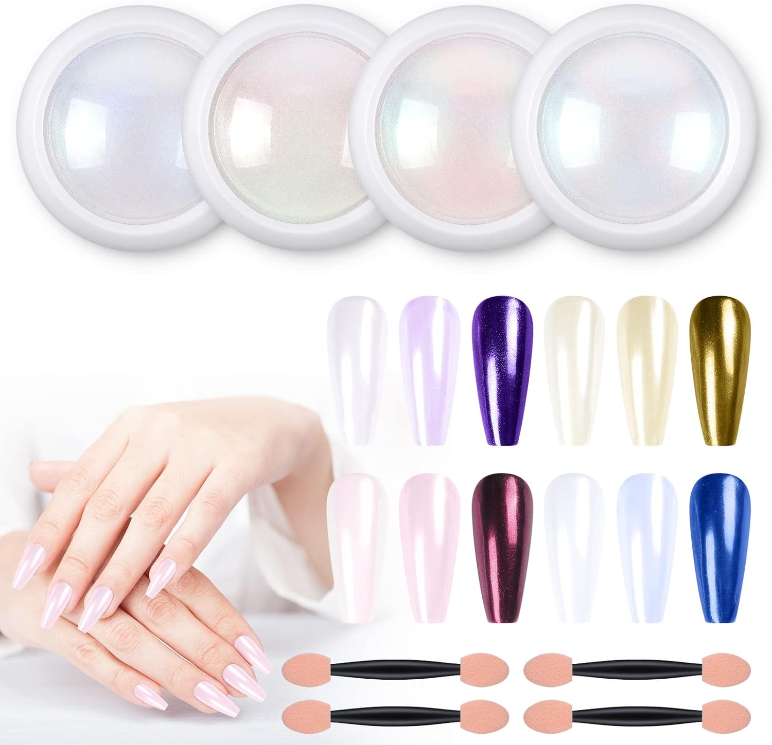 Artdone White Pearl Chrome Nail Powder,Iridescent Aurora Powder Metallic Mirror Effect Pigment Pearlescent Mermaid Pigment Pearl Glitter Dust Kit,Nail Art Decoration, Resin Craft