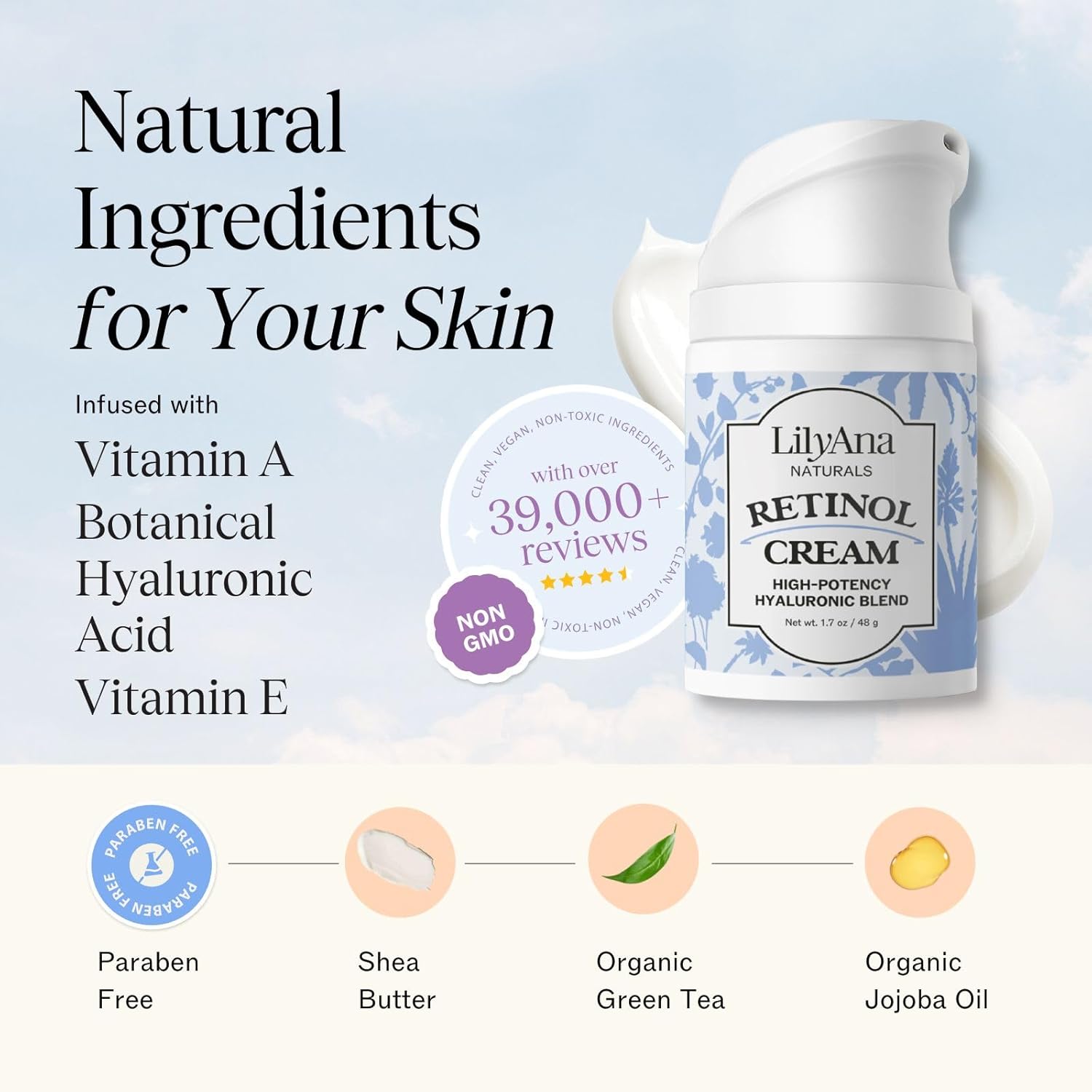 LilyAna Naturals Retinol Cream - Made in USA, Anti Aging Moisturizer for Face and Neck, Wrinkle, Retinol Complex, Body Mousse - 1.7oz