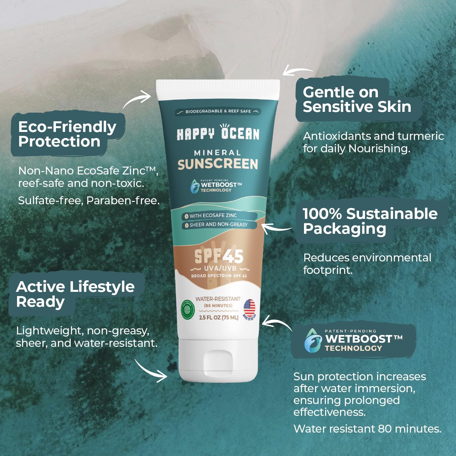 SPF 45 Biodegradable Reef Safe Sunscreen for Face & Body, Non-Nano Zinc Oxide, Natural Fragrance Free Non Toxic Organic Mineral Sunscreen, Travel Size Reef Friendly Mineral Based 2.5 Fl Oz