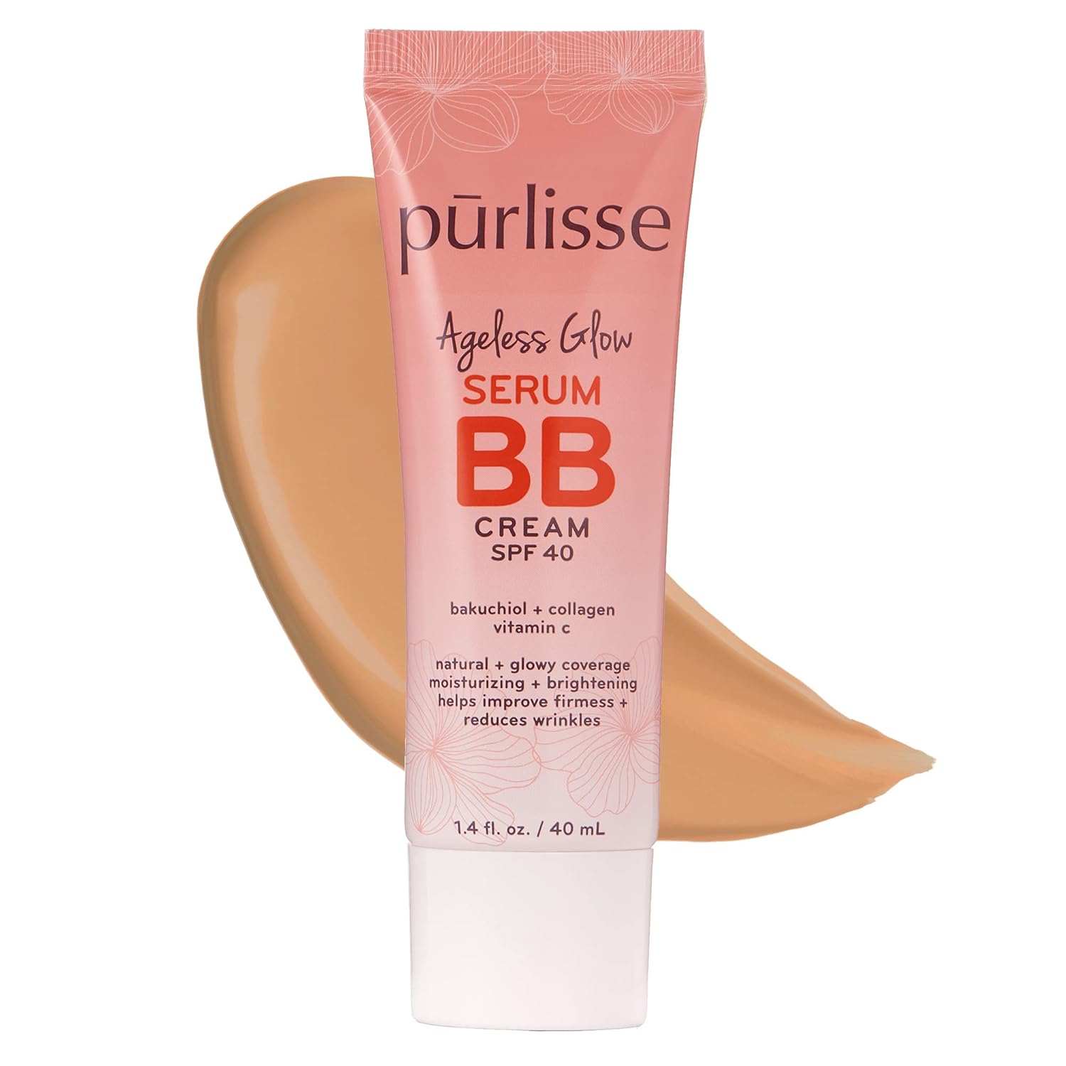 pūrlisse Ageless Glow Serum BB Cream SPF 40 - Korean Glow BB Cream with SPF Enriched with Bakuchiol & Vitamin C to Help Improve Firmness & Reduce Wrinkles for Dewy Skin - Medium Warm (1.4 oz)
